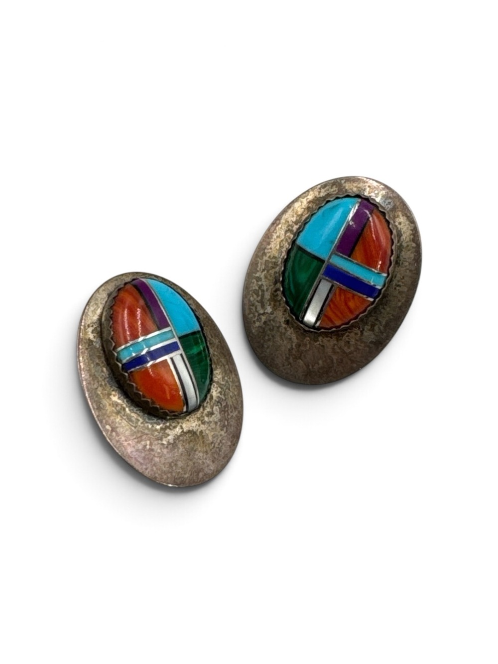 Vintage Sterling Silver Southwest Multi Stone Zuni Inlay Oval Stud Earrings 1.25